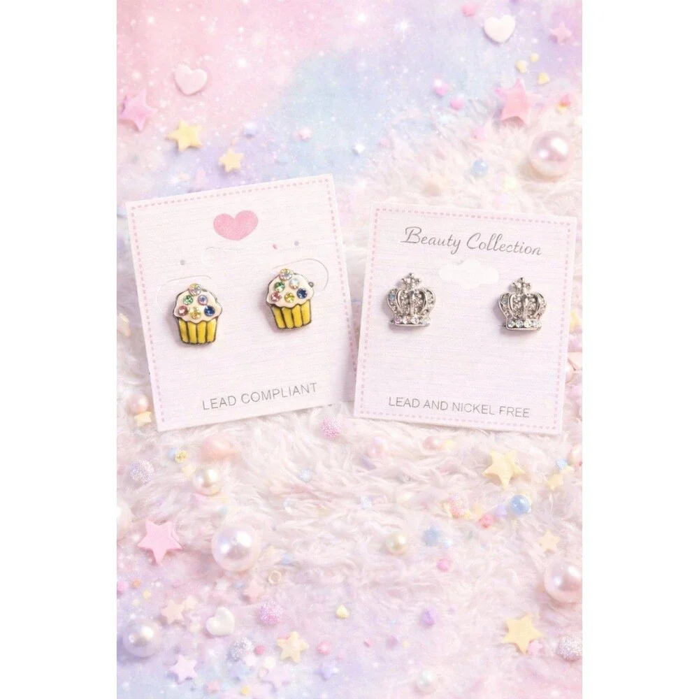 Girls Stud Earrings Set Cupcake + Princess Crown